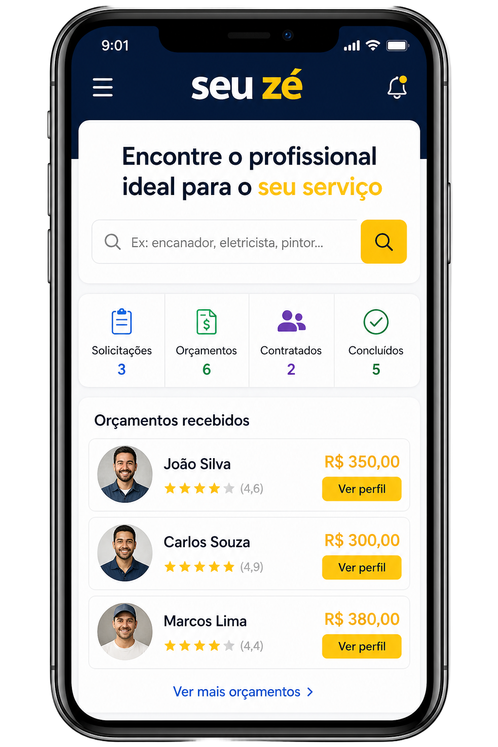 App Seu Zé mostrando orçamentos recebidos de profissionais